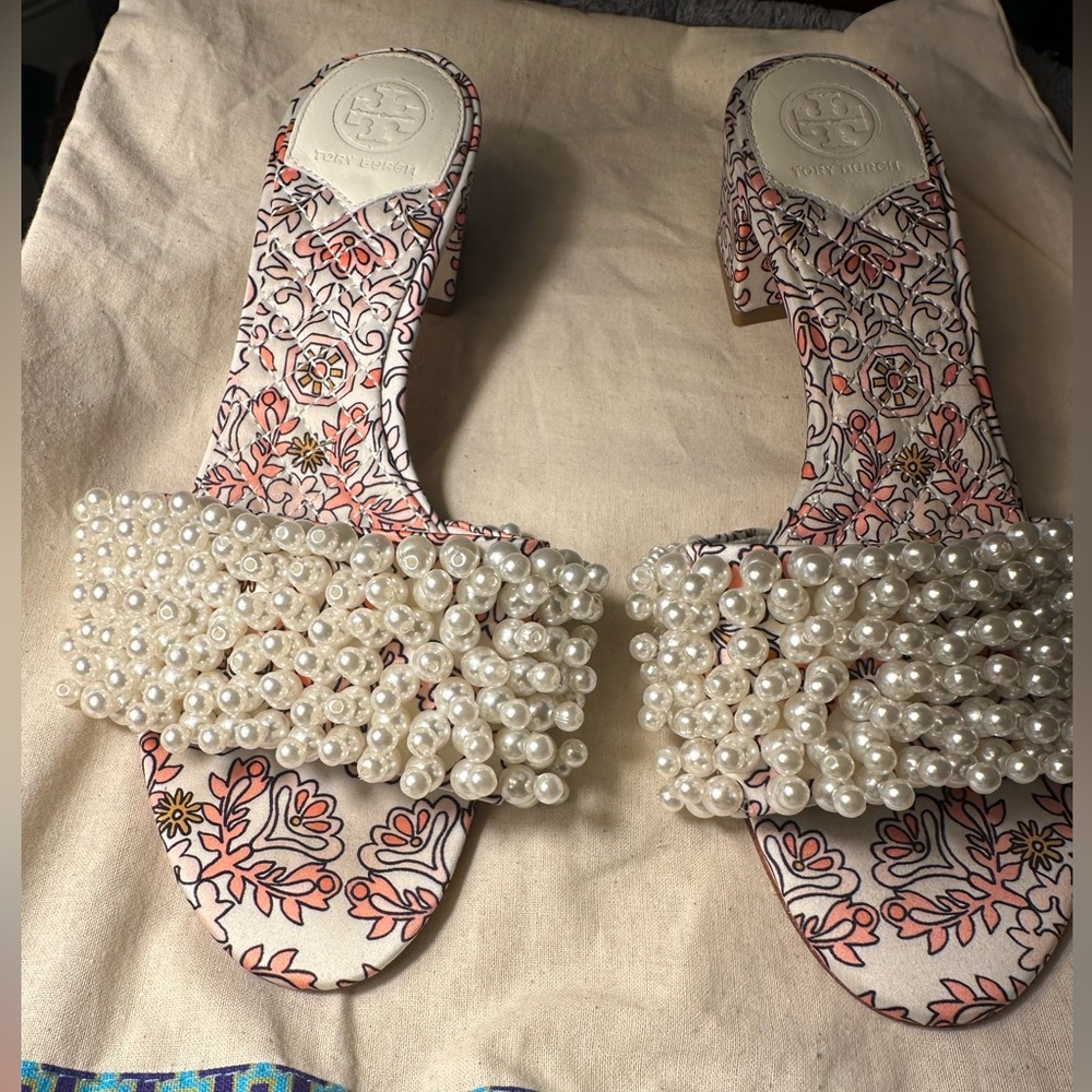 Tory Burch Tatiana Beaded Pearl Slide Sandals Hicks Garden Satin Shoes 7.5